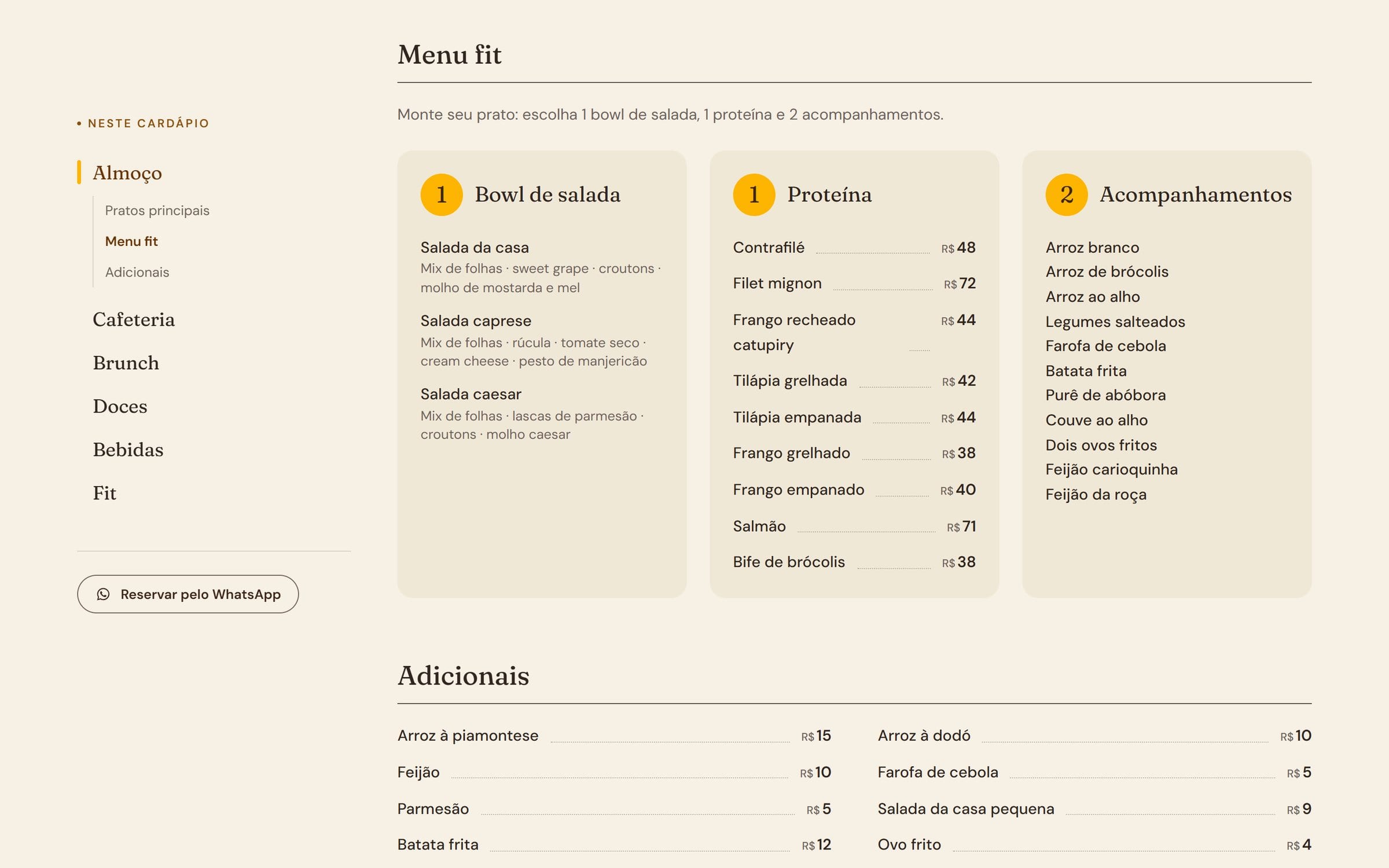 Cardápio do Butiquim: seção Menu fit organizada em três passos — bowl de salada, proteína e acompanhamentos — com preços alinhados.