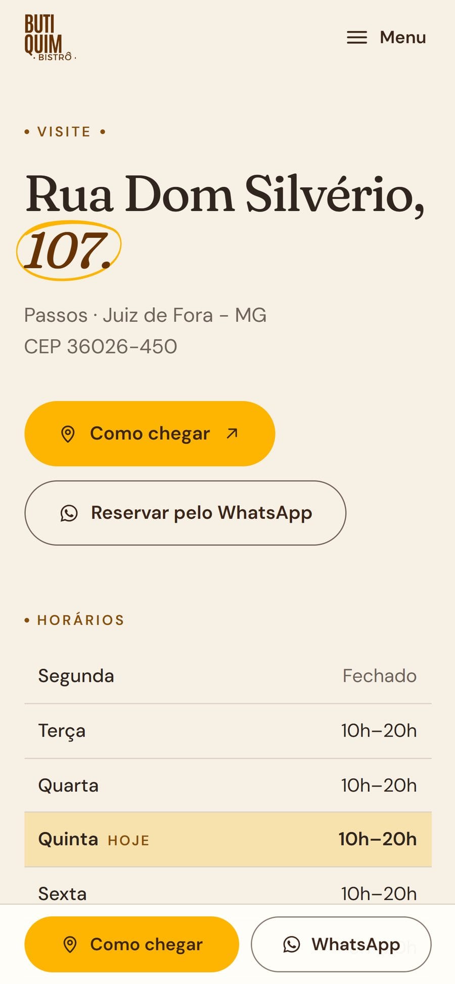 Página Visite no celular com o endereço, os botões de rota e a tabela de horários com o dia de hoje destacado.