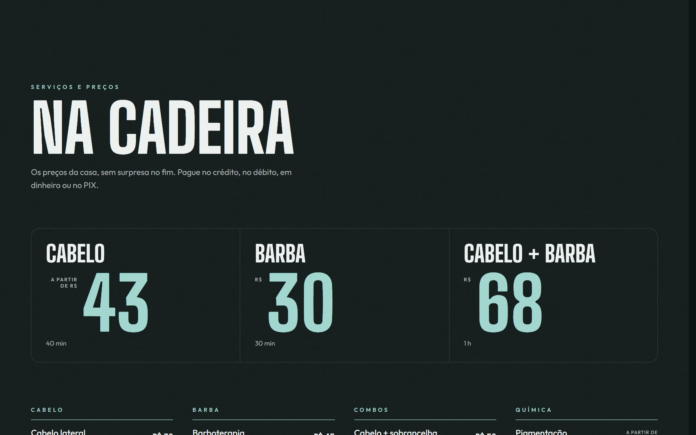 Seção “Na cadeira”: Cabelo, Barba e Cabelo + Barba com preços em destaque e a tabela de serviços abaixo.