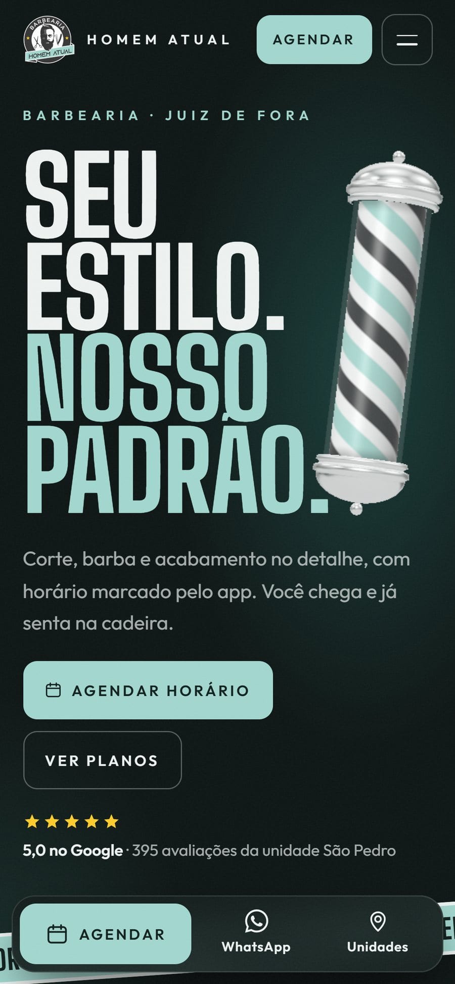Home da Homem Atual no celular, com o poste 3D ao lado do título e a barra fixa de ações.