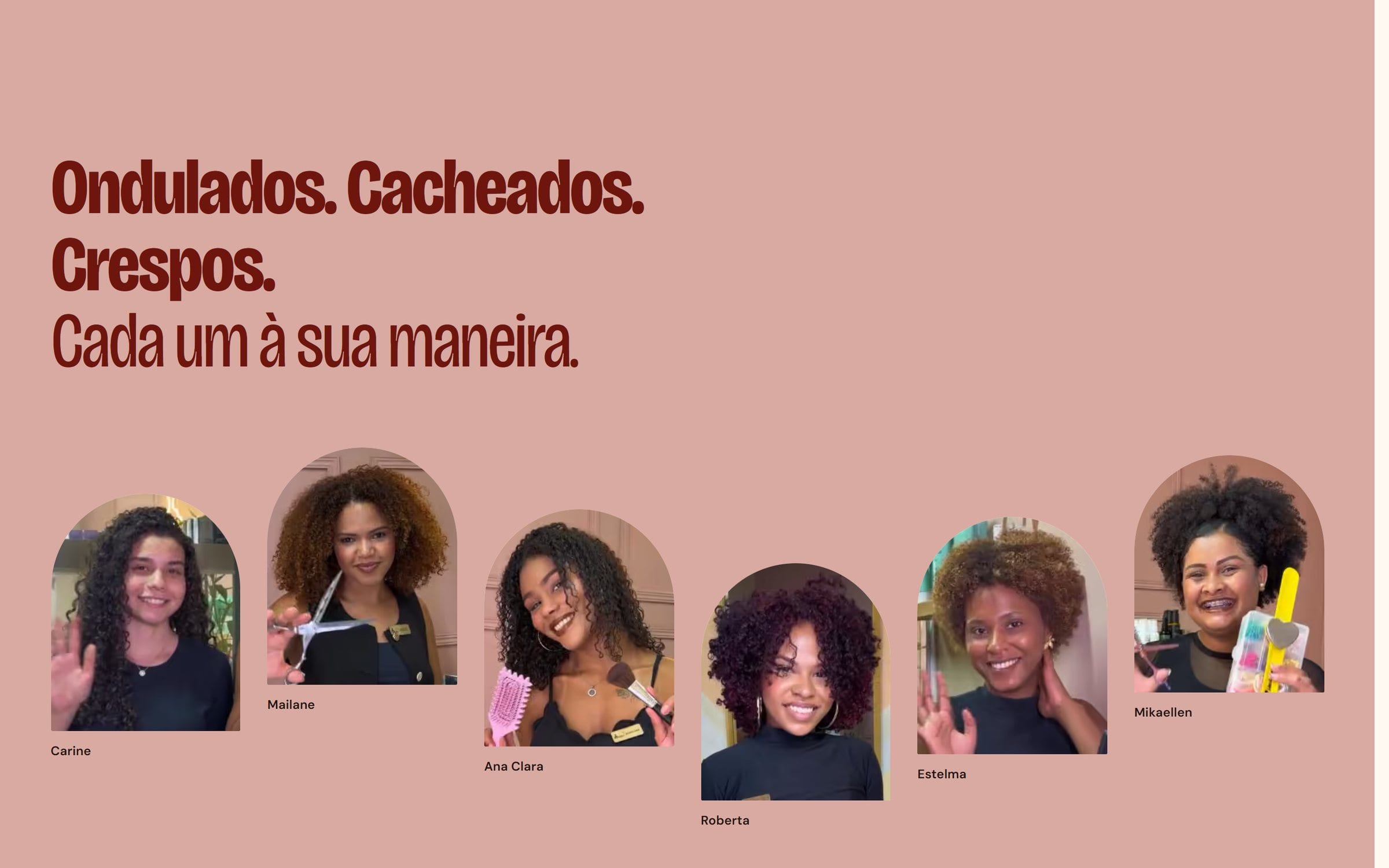 Seção de curvaturas com retratos da equipe dispostos em onda sobre fundo rosado.