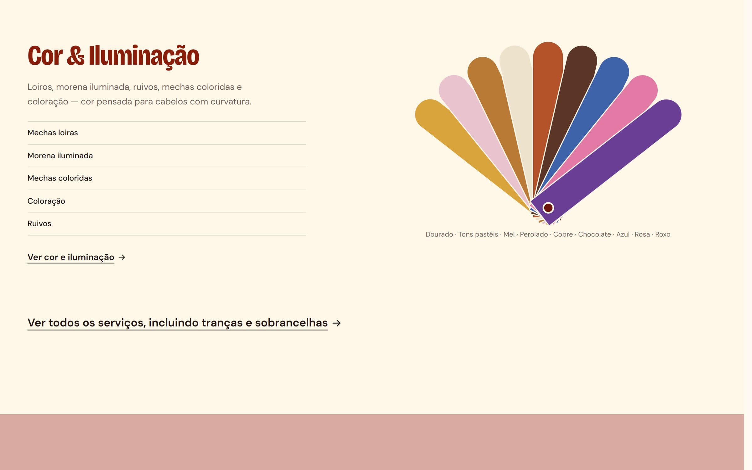 Bloco Cor & Iluminação da Miaxa: lista de serviços ao lado de uma cartela de cores aberta em leque.
