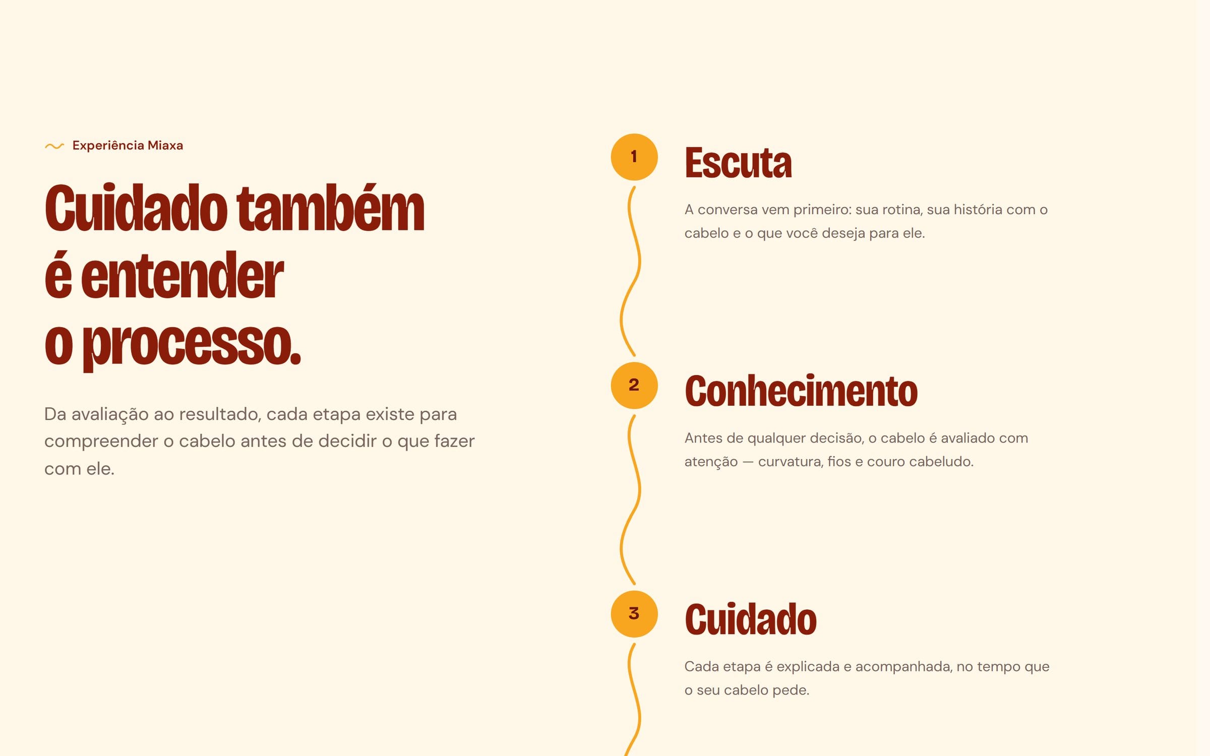 Seção Experiência Miaxa com as quatro etapas do atendimento ligadas por uma linha laranja.