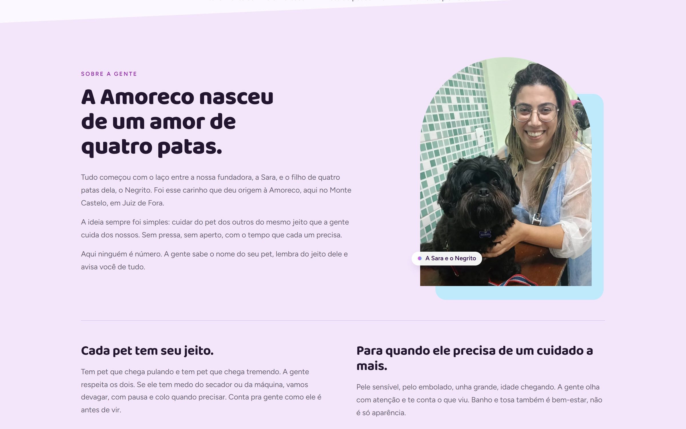 Seção sobre a Amoreco com a história da fundadora.