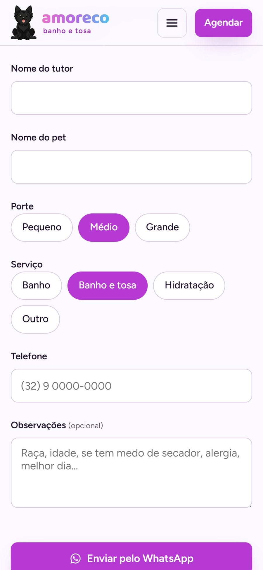 Formulário de agendamento da Amoreco no celular, em uma coluna.